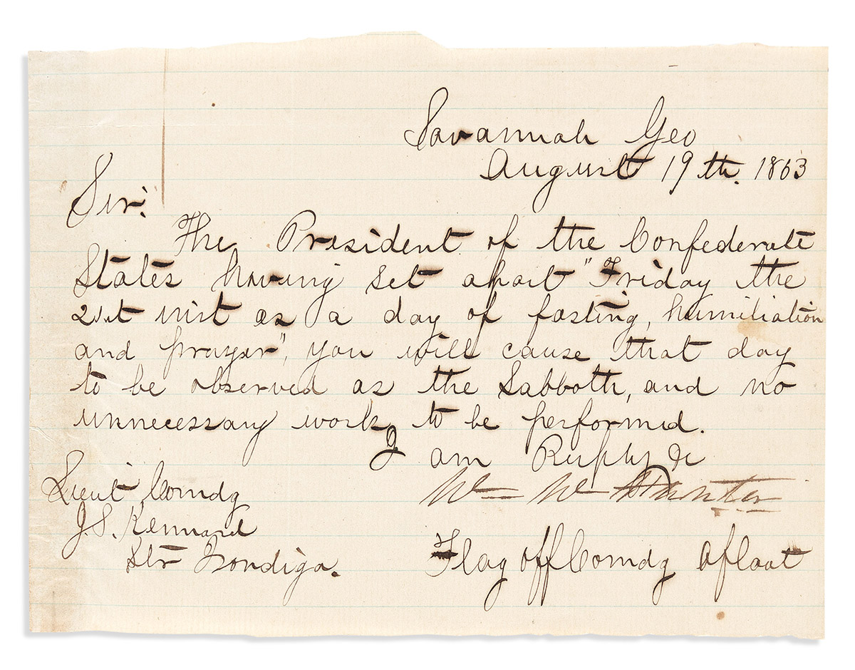 (CIVIL WAR--CONFEDERATE--NAVY.) William W. Hunter. Order to observe President Davis Day of Prayer in the Savannah Squadron.